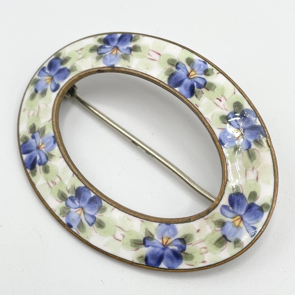 Antique Guilloche enamel flower sash pin brooch - Picture 3 of 5